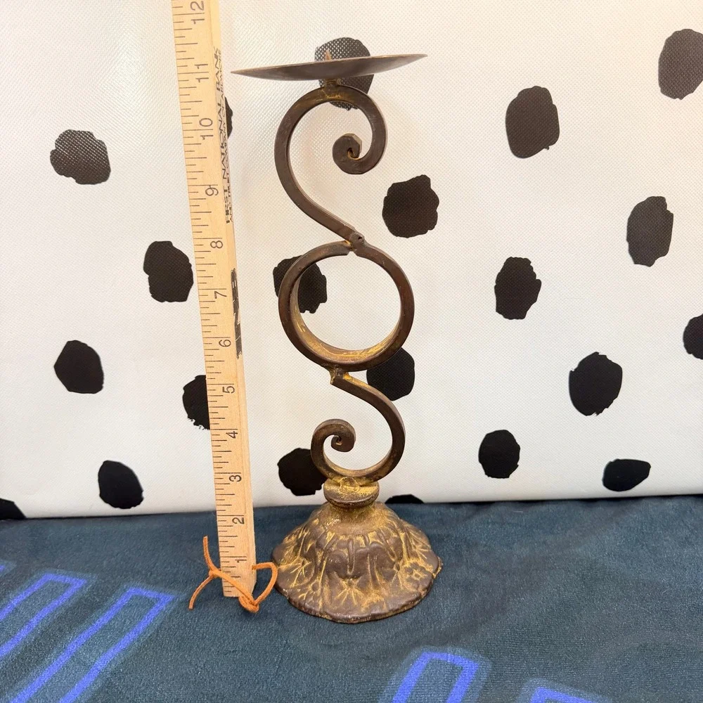 Vtg Cast Iron Pillar Candle Holder Stand Scroll Wrought Metal Rustic Gold 11